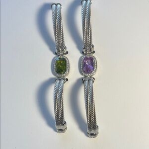 Set of Elegant Silver Cable Bracelets with Gemstones